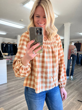 One Fine Afternoon Gingham Plaid Top In Caramel