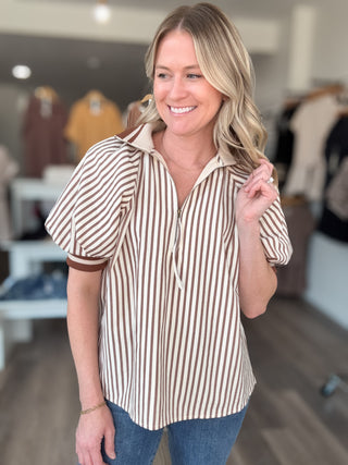 Striped Collared Half Zipped Short Puff Sleeved Top