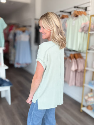 Sage Green V Neck Ribbed Short Sleeved Top