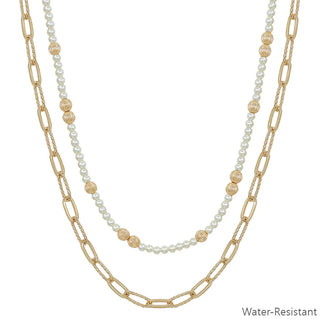 Water Resistant Double Layered Pearls & Gold Chain Necklace