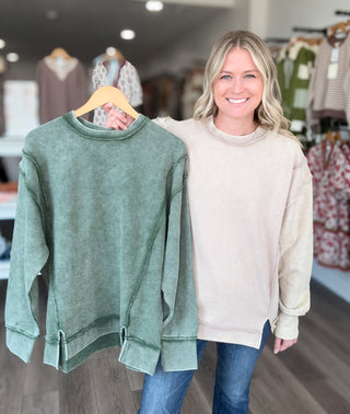 Acid Washed Ribbed Long Sleeved Front Slit Pullover