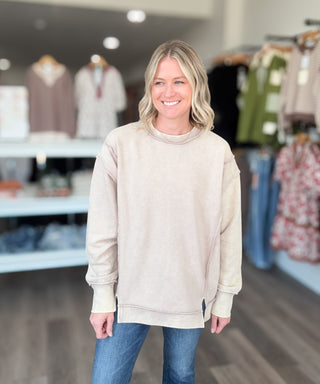 Acid Washed Ribbed Long Sleeved Front Slit Pullover