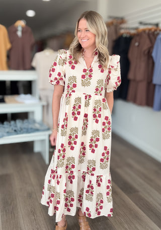 Cream & Burgundy Floral Mid Length Dress Entro Brand
