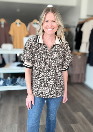 Leopard Print Collared Half Zipped Short Puff Sleeved Top