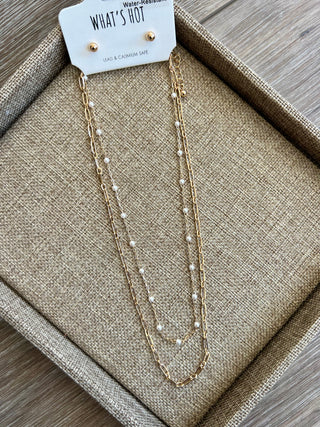 Water Resistant Beaded Pearl & Gold Chain Necklace