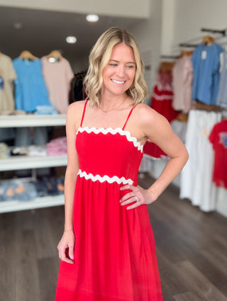 Red & White Trimmed Maxi Dress