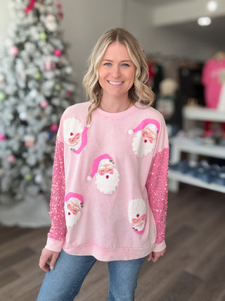 Pink Santa Velvet Sequined Long Sleeved Top