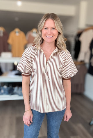 Striped Collared Half Zipped Short Puff Sleeved Top