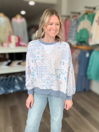 Blue Floral Patchwork Long Sleeved Top