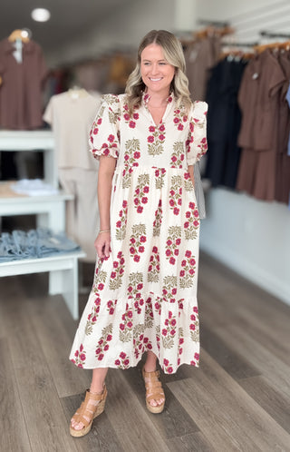 Cream & Burgundy Floral Mid Length Dress Entro Brand