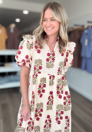Cream & Burgundy Floral Mid Length Dress Entro Brand