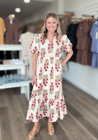 Cream & Burgundy Floral Mid Length Dress Entro Brand