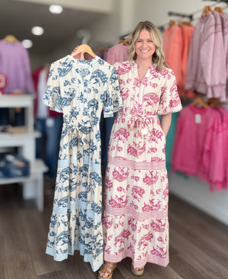 Cream Patterned & Striped Flutter Sleeve Maxi Dress