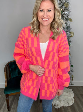 Noticed in Neon Checkered Cardigan in Pink and Orange