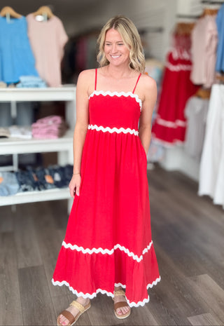 Red & White Trimmed Maxi Dress
