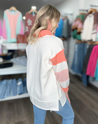 Coral & Cream Striped Polo Sweatshirt