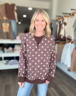 Brown Polka Dot Rib Knit Long Sleeved Top