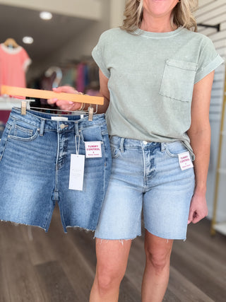 Risen Tummy Control Mid Length Denim Shorts