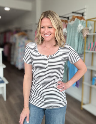 Striped Scoop Neck Henley Short Sleeved Top
