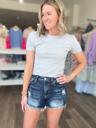 Ellie Dark Wash Distressed Denim Shorts