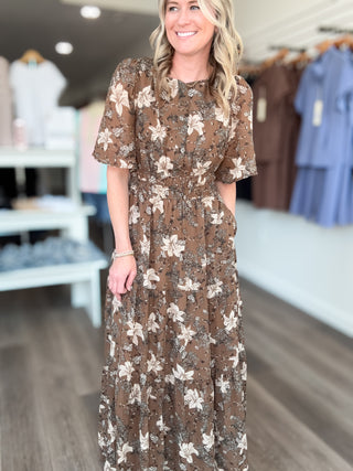 Autumn Brown Floral Maxi Short Sleeved Dress