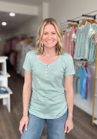 Striped Scoop Neck Henley Short Sleeved Top