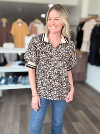 Leopard Print Collared Half Zipped Short Puff Sleeved Top