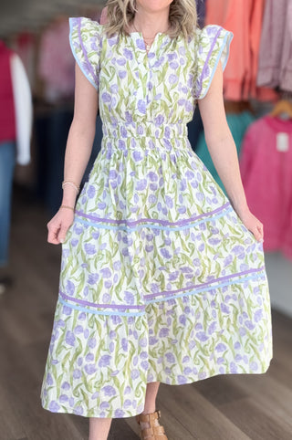 Floral Lilac Flutter Short Sleeved Dress