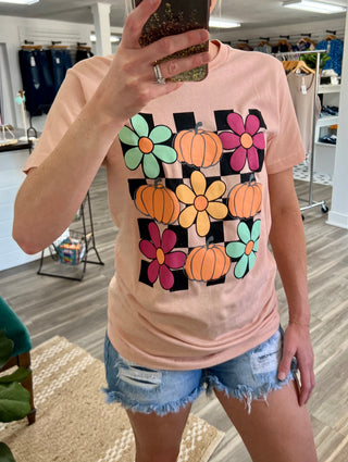 Checkered Pumpkin & Flowers Fall Tee