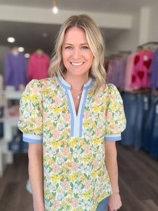 Happy Floral Yellow & Blue Striped Blouse