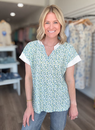 Floral Split Neck Short Sleeved Top Plus