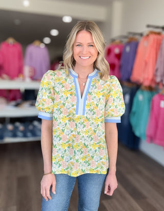 Happy Floral Yellow & Blue Striped Blouse