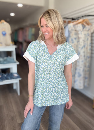 Floral Split Neck Short Sleeved Top