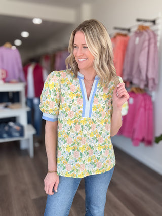 Happy Floral Yellow & Blue Striped Blouse