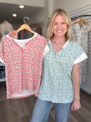 Floral Split Neck Short Sleeved Top