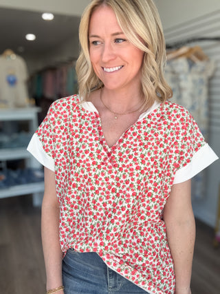 Floral Split Neck Short Sleeved Top