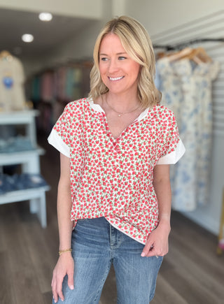 Floral Split Neck Short Sleeved Top