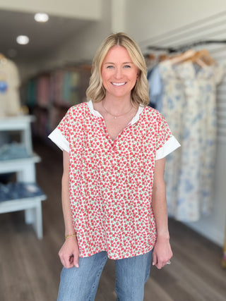 Floral Split Neck Short Sleeved Top