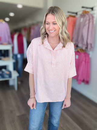 Elevated Striped V Neck Collared Top