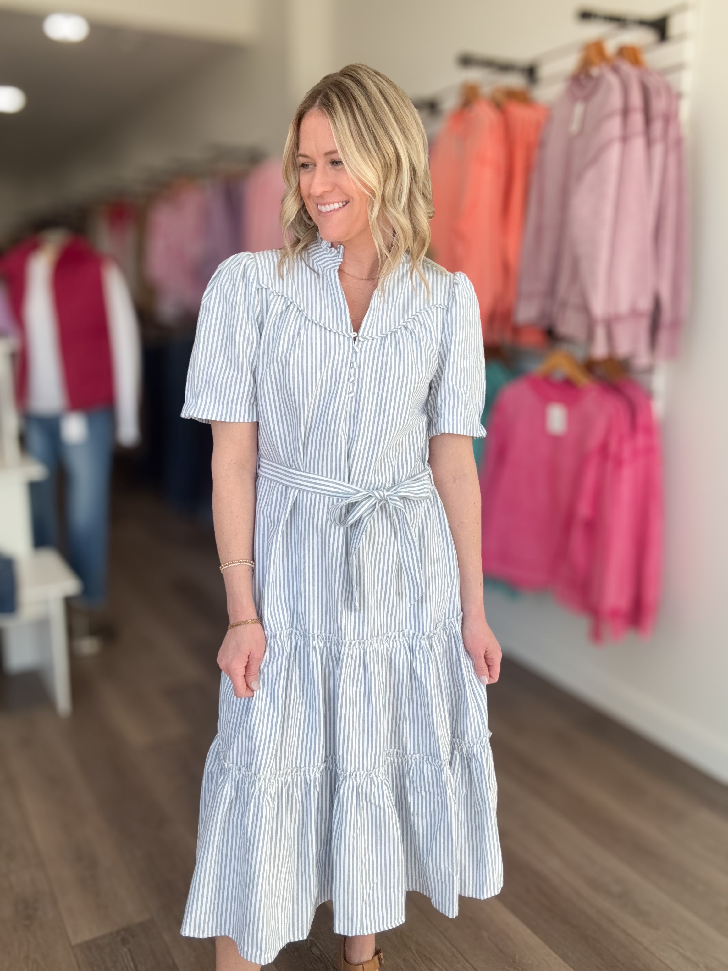 Navy Blue & White Striped Dress with Tie Waist – Hunt Clothing Company