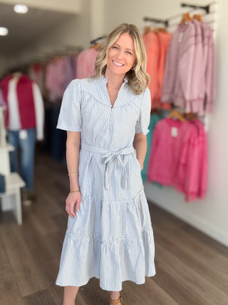 Navy Blue & White Striped Dress with Tie Waist