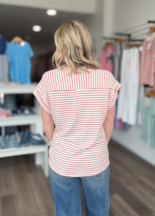 White & Red Striped Short Sleeved Top