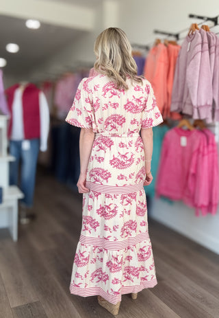 Cream Patterned & Striped Flutter Sleeve Maxi Dress