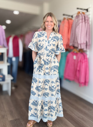 Cream Patterned & Striped Flutter Sleeve Maxi Dress