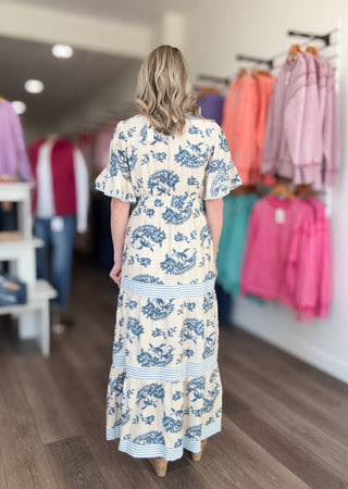 Cream Patterned & Striped Flutter Sleeve Maxi Dress