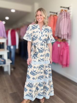 Cream Patterned & Striped Flutter Sleeve Maxi Dress