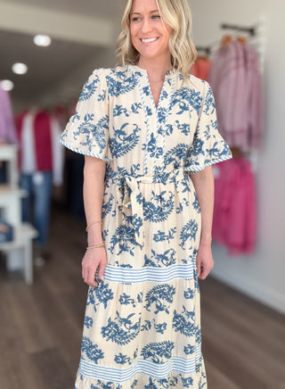 Cream Patterned & Striped Flutter Sleeve Maxi Dress