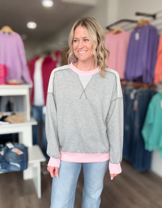 Grey & Pink Ribbed Trim Long Sleeved Sweatshirt