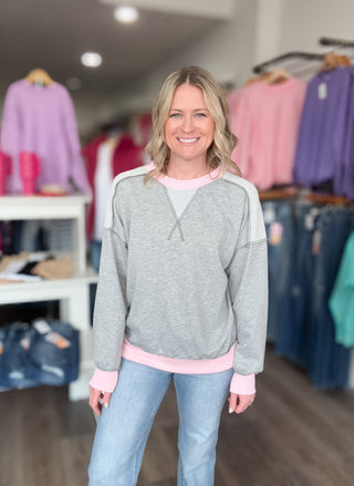 Grey & Pink Ribbed Trim Long Sleeved Sweatshirt