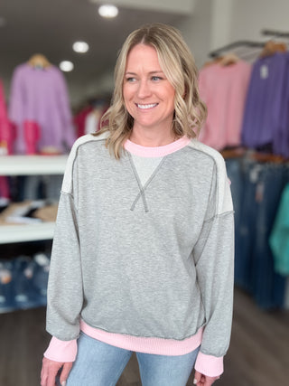 Grey & Pink Ribbed Trim Long Sleeved Sweatshirt